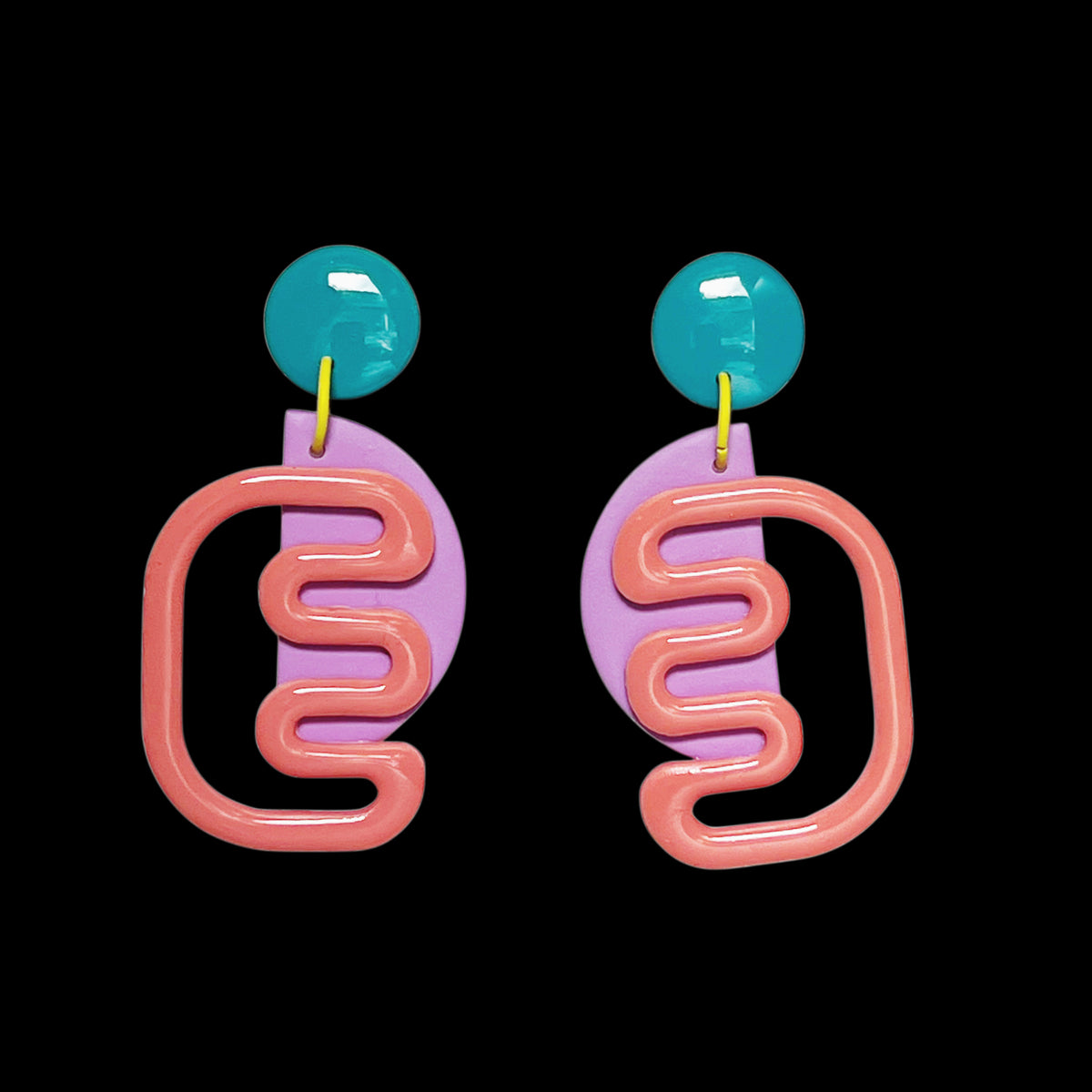 Unique dangly earrings- D met M (pink, purple and teal)