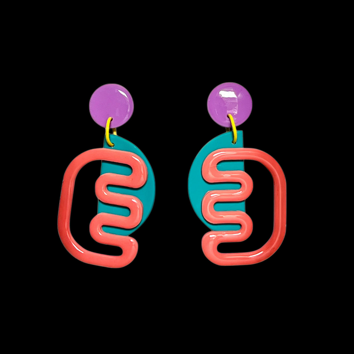 Unique dangly earrings- D met M (pink, teal and purple)
