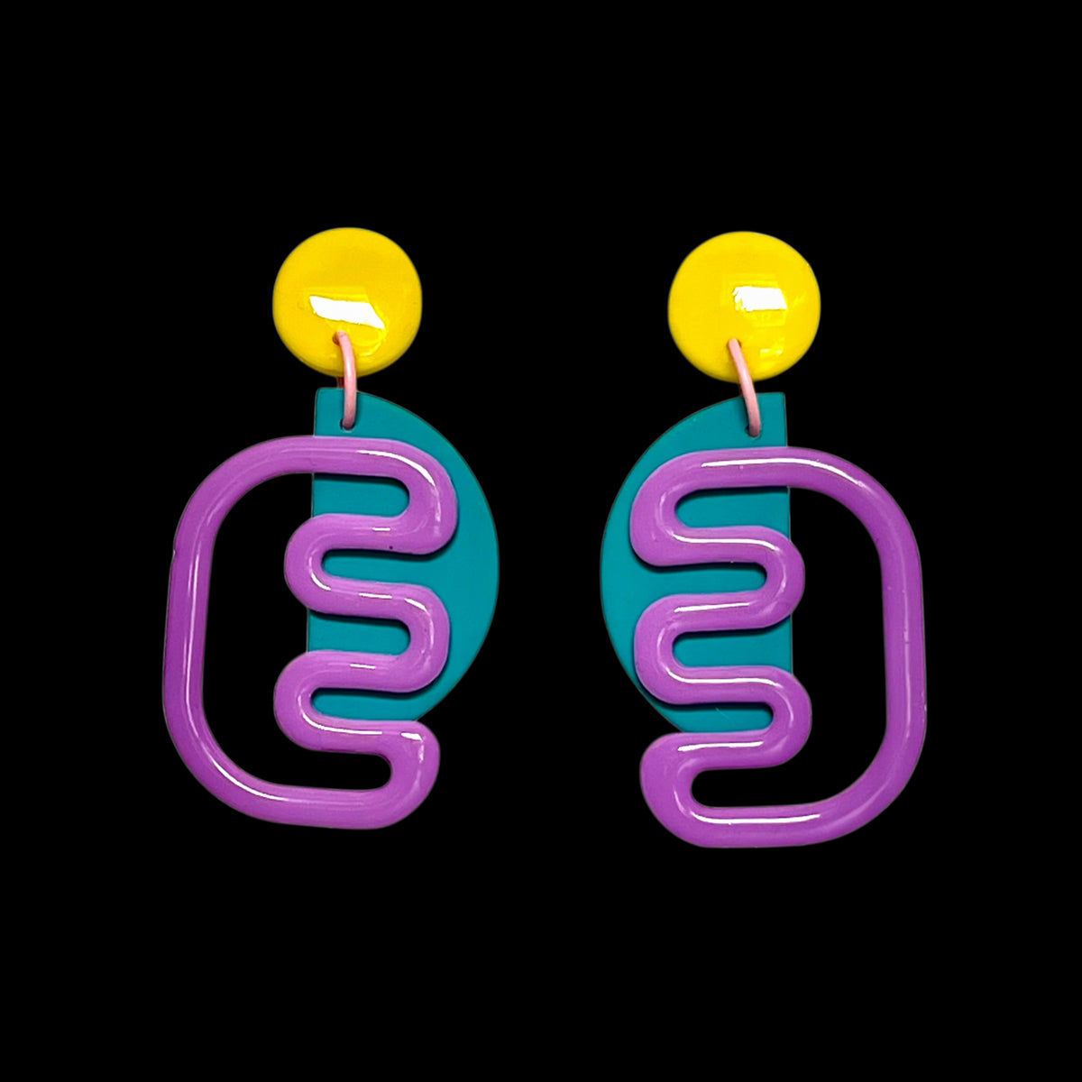 Unique dangly earrings- D met M (purple, teal and yellow)