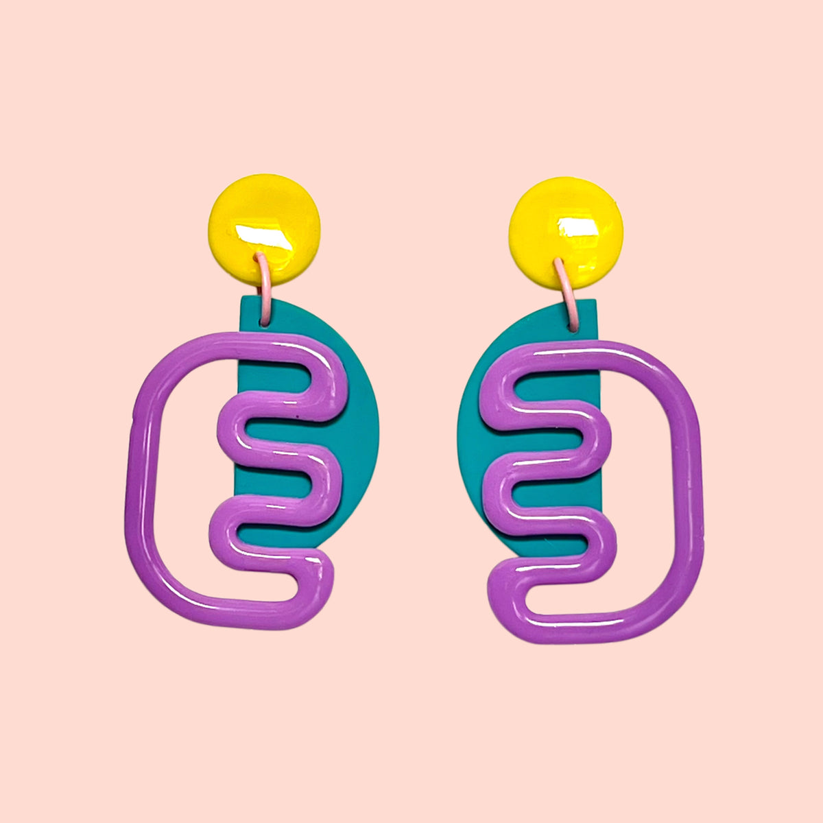 Unique dangly earrings- D met M (purple, teal and yellow)