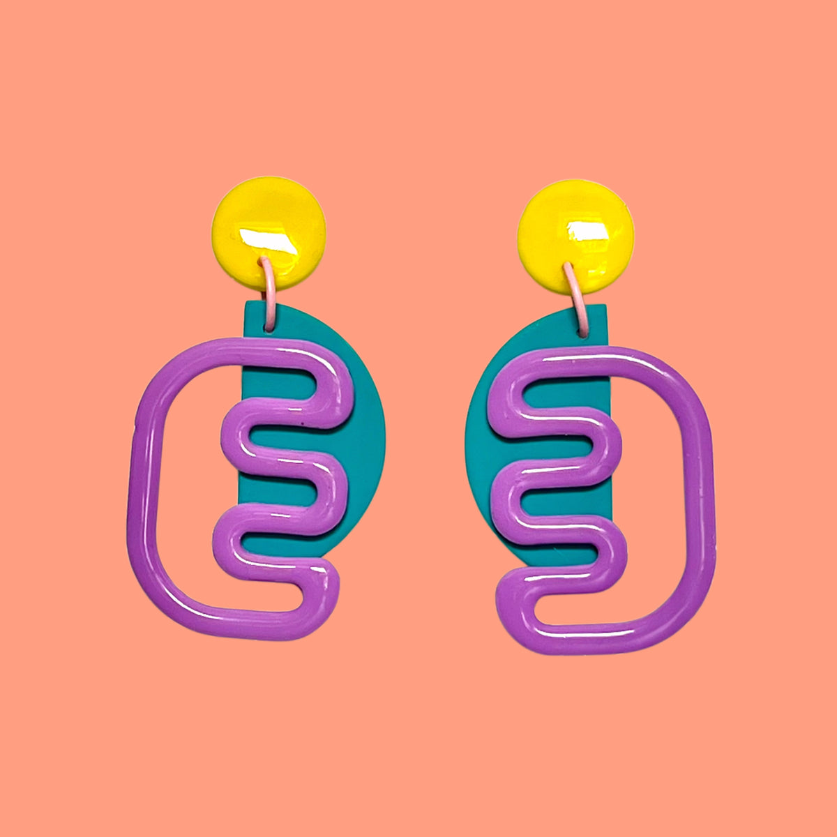 Unique dangly earrings- D met M (purple, teal and yellow)